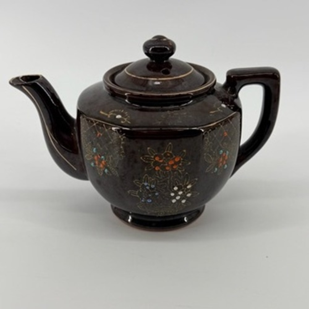 Vintage‎ Japanese Brown Glazed Floral Teapot Moriage Hand Painted Ceramic 5in